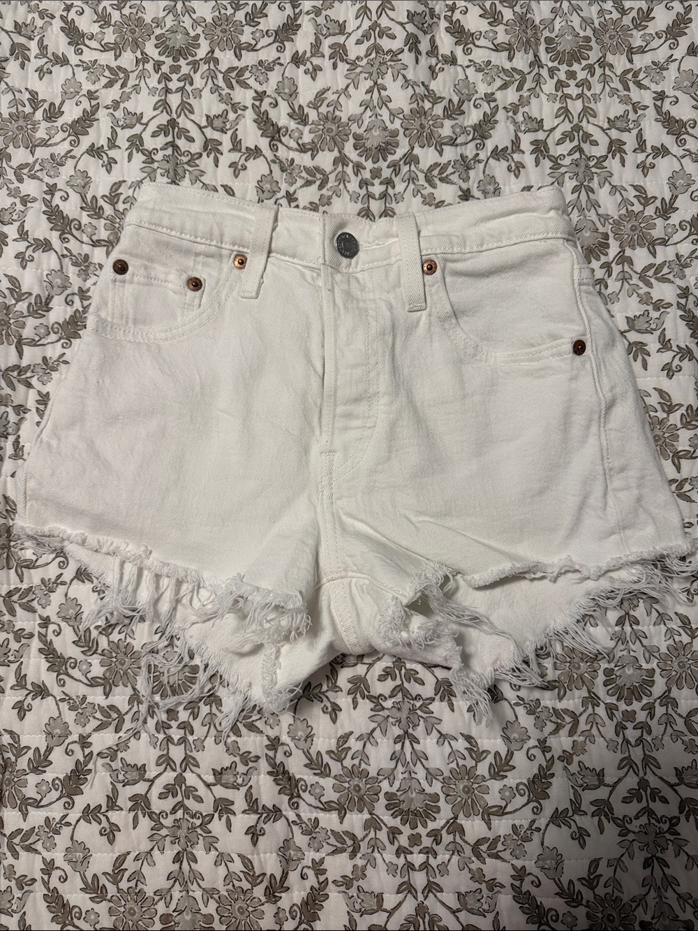 Levi's White Frayed Hem Denim Cutoff Shorts